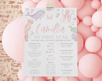 Under the Sea Milestone Sign, Oneder the Sea 1st Birthday Girl Milestone Board, Baby Birthday Milestone Sign 1st Birthday Ocean Theme Pink