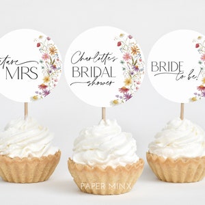 Wildflower Cupcake Toppers, Bridal Shower Cupcake Toppers, Printable Cupcake Topper, Editable Cupcake Toppers, Pink Floral Bridal Cupcake
