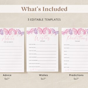 Op de afbeelding: Drie afdrukbare babyborrel-spelkaarten met een roze en paarse aquarel-vlinderontwerp. De kaarten zijn getiteld "Advies voor de ouders", "Wensen voor de baby" en "Voorspellingen voor de baby". Elke kaart heeft een lijst met prompts die gasten kunnen invullen.