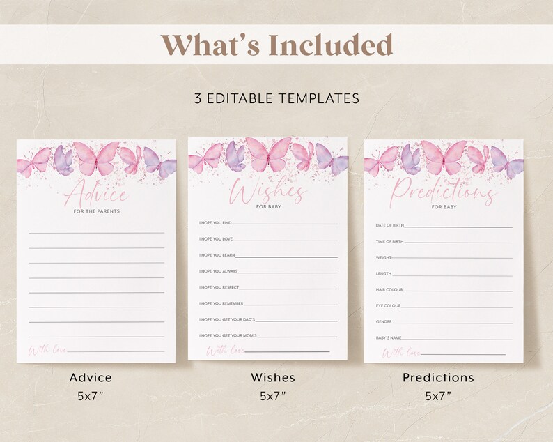 Op de afbeelding: Drie afdrukbare babyborrel-spelkaarten met een roze en paarse aquarel-vlinderontwerp. De kaarten zijn getiteld "Advies voor de ouders", "Wensen voor de baby" en "Voorspellingen voor de baby". Elke kaart heeft een lijst met prompts die gasten kunnen invullen.