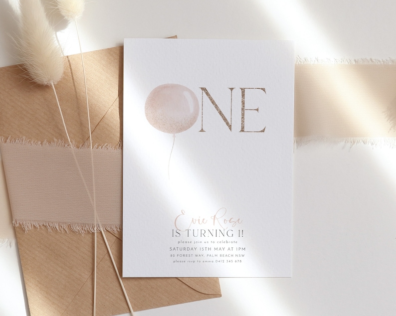 1st Birthday Invitation, Balloons Birthday Invitation, Pink Birthday Invite, 1st Birthday Girl, Girls First Birthday Balloon Pink and Gold image 9
