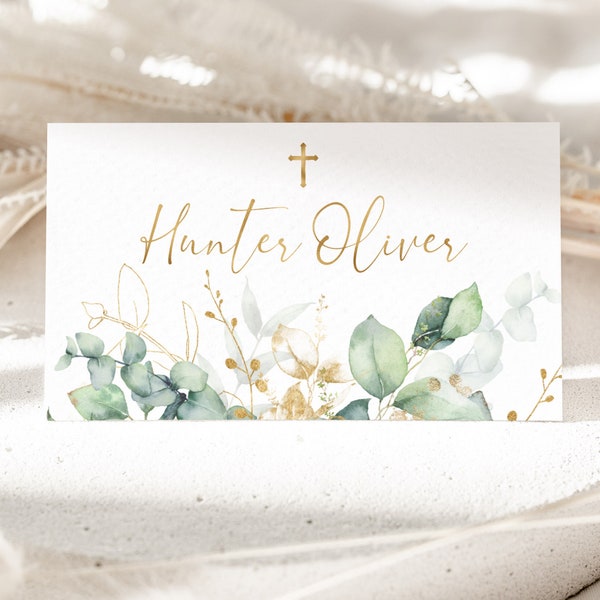 Greenery Christening Place Card Template, Printable Place Cards, Baptism Place Cards, Gold Place Cards, Greenery Place Cards Baptism Gold