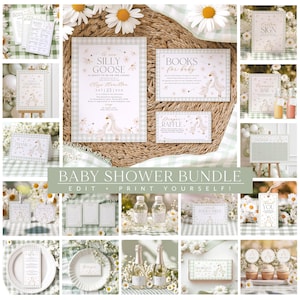 Silly Goose Baby Shower Invitation Bundle Sage Green, Daisies Green Gingham, Decorations, Baby Shower Invite, Gender Neutral Baby Printable