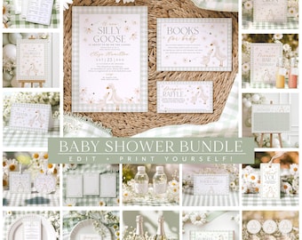Silly Goose Baby Shower Invitation Bundle Sage Green, Daisies Green Gingham, Decorations, Baby Shower Invite, Gender Neutral Baby Printable