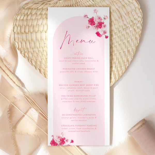 Pink Floral Menu Template, Printable Bridal Shower Menu, Flower Menu, Editable Menu, Floral Bridal Menu Printable, Pink Arch Bridal Menu