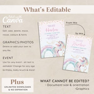 May include: Two invitation cards with a unicorn and rainbow design. The cards have the text "Harlow is turning 6 years old!" and "Edit with Canva" is also visible. The cards are light pink with gold accents.