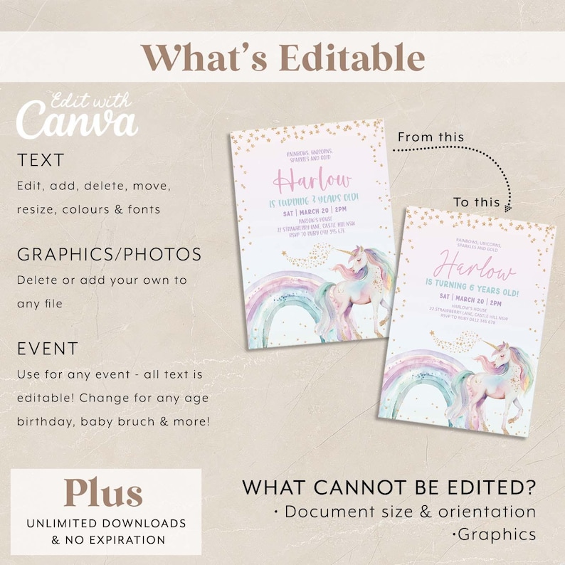 May include: Two invitation cards with a unicorn and rainbow design. The cards have the text "Harlow is turning 6 years old!" and "Edit with Canva" is also visible. The cards are light pink with gold accents.