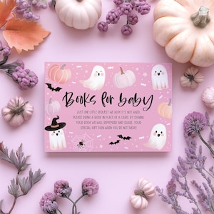 Halloween Books For Baby Card Printable, Baby Shower Book Request Card, Pink Halloween Baby Shower Book For Baby Insert, Halloween Pink Girl