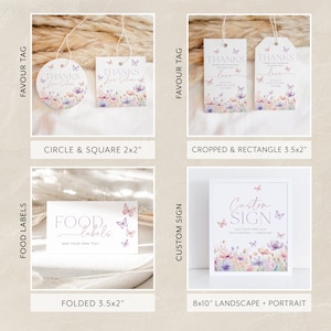 May include: Printable digital download of wedding favor tags, food labels, and a custom sign. The design features a watercolor floral background with butterflies in shades of purple, pink, and blue. The text on the tags reads "Thanks Love Selam" and "Thanks Love Selam". The food label says "Food Labels Add Your Own Text". The custom sign says "Custom Sign Add Your Own Text 8x10 Portrait Landscape".