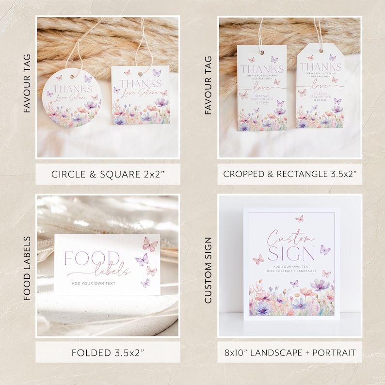 May include: Printable digital download of wedding favor tags, food labels, and a custom sign. The design features a watercolor floral background with butterflies in shades of purple, pink, and blue. The text on the tags reads "Thanks Love Selam" and "Thanks Love Selam". The food label says "Food Labels Add Your Own Text". The custom sign says "Custom Sign Add Your Own Text 8x10 Portrait Landscape".
