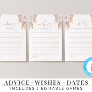 Juegos florales de despedida de soltera, tarjetas de consejos imprimibles, consejos editables, juegos de despedida de soltera, deseos, juego de cita nocturna / flores secas boho