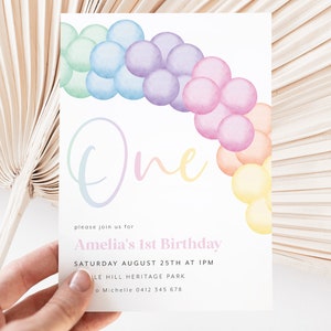 Pastel Rainbow Birthday Invitation, Pastel 1st Birthday Invite, First Birthday Invitation, 1st Birthday Girl, Pastel Rainbow Balloon Arch