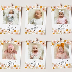 Bee First Year Photos, Birthday Milestone Photos, Baby&#39;s First Year Month Photos, Monthly Photo Banner, First Bee Day Photo Banner Floral
