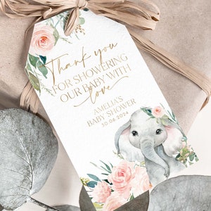 Baby Shower Favor Tag, Elephant Thank You Tag, Pink Girl Baby Shower Favour Tag, Gift Tag, Editable Baby Tag, Printable Gift Tag Pink Flower