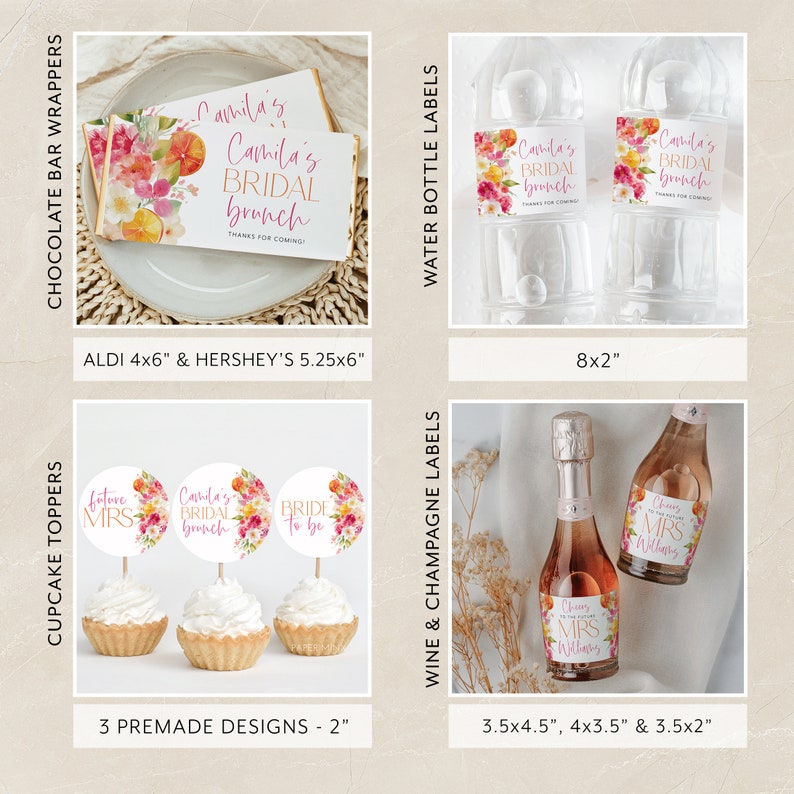 Puede incluir: Un conjunto de decoraciones para una fiesta de despedida de soltera con un dise&ntilde;o floral de acuarela en tonos rosas, naranjas y amarillos. El conjunto incluye adornos para cupcakes, envoltorios para barras de chocolate, etiquetas para botellas de agua y etiquetas para vino y champ&aacute;n. Los adornos para cupcakes incluyen el texto "future Mrs", "Camila's Bridal Brunch" y "Bride to be". Los envoltorios para barras de chocolate incluyen el texto "Camila's Bridal Brunch, Thanks for coming!" Las etiquetas para botellas de agua incluyen el texto "Camila's Bridal Brunch, Thanks for coming!" Las etiquetas para vino y champ&aacute;n incluyen el texto "Cheers to the future Mrs. Williams".