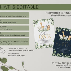 May include: Editable invitation template for a first birthday party with a jungle animal theme. The invitation features a white background with gold text and a green and gold leafy border. The text on the invitation reads "One" and "Hudson's 1st Birthday!" The invitation is designed for computer editing only.