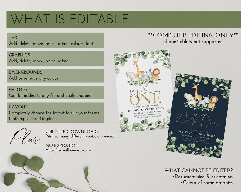 May include: Editable invitation template for a first birthday party with a jungle animal theme. The invitation features a white background with gold text and a green and gold leafy border. The text on the invitation reads "One" and "Hudson's 1st Birthday!" The invitation is designed for computer editing only.