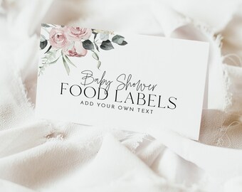 Baby Shower Food Labels, Floral Food Label Card, Food Tent Card, Food Tags, Boho Food Labels, Folded Food Cards, Tent Food Labels, Pink Baby