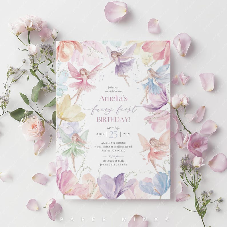 May include: A watercolor invitation with a floral design featuring fairies and the text "Amelia's fairy first birthday!"  Saturday, August 25th, 12PM. Amelia's House, 4505 Skinner Hollow Road, Azalea, OR 97410. By August 15th, Jenna 0412 343 678.