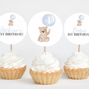 Bear Cupcake Toppers, Beary 1st Birthday, Beary First Cupcake Toppers, Bear Birthday Cupcake, 1st Birthday Boy, Blue Bear Boy Birthday