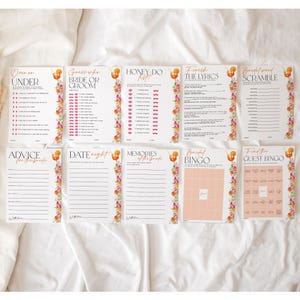 Puede incluir: Un conjunto de tarjetas de juegos para la despedida de soltera con detalles florales. Los juegos incluyen "Over or Under", "Adivina qui&eacute;n, la novia o el novio", "Honey Do List", "Termina la letra", "Mezcla de palabras de boda", "Consejos para la novia", "Date Night", "Recuerdos de la novia", "Bingo nupcial" y "Encuentra el bingo de invitados."