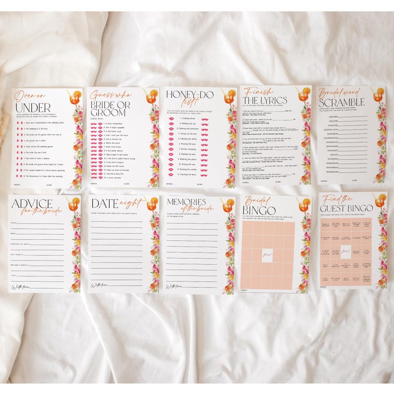 Puede incluir: Un conjunto de tarjetas de juegos para la despedida de soltera con detalles florales. Los juegos incluyen "Over or Under", "Adivina qui&eacute;n, la novia o el novio", "Honey Do List", "Termina la letra", "Mezcla de palabras de boda", "Consejos para la novia", "Date Night", "Recuerdos de la novia", "Bingo nupcial" y "Encuentra el bingo de invitados."