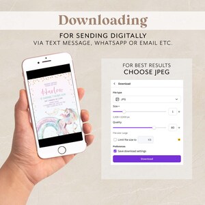 May include: A smartphone displays a digital invitation with a unicorn and rainbow design. The screen shows the name "Harlow" and event details. Text above reads "Downloading for sending digitally." A download menu is visible.