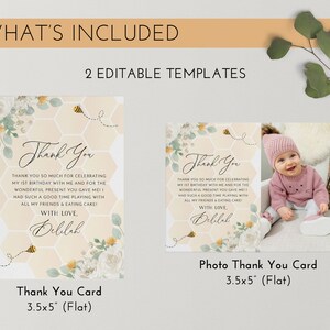 May include: Two editable thank you card templates featuring a honeycomb pattern with bees and flowers. The first card is a simple design with the text "Thank You" and the second card includes a photo placeholder and the text "Photo Thank You Card". Both cards are 3.5 inches by 5 inches.