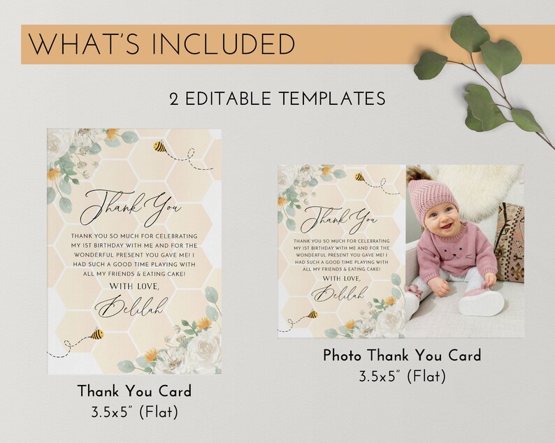 May include: Two editable thank you card templates featuring a honeycomb pattern with bees and flowers. The first card is a simple design with the text "Thank You" and the second card includes a photo placeholder and the text "Photo Thank You Card". Both cards are 3.5 inches by 5 inches.