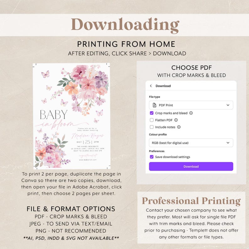 May include: A pink and purple floral baby shower invitation with the text "Baby in Bloom" and butterflies. The invitation includes the date and time of the event, the name of the baby, and the RSVP information. The image also shows a screenshot of a Canva download menu with options for PDF print, crop marks and bleed, flatten PDF, and include notes.
