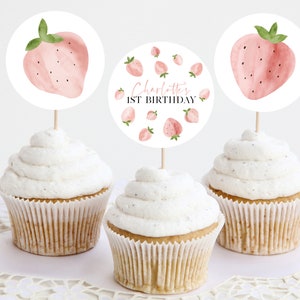Berry Cupcake Toppers, Printable Cupcake Topper, Strawberry Cupcake Topper, 1st Birthday Editable Cupcake Toppers, Berry First Birthday Girl image 3