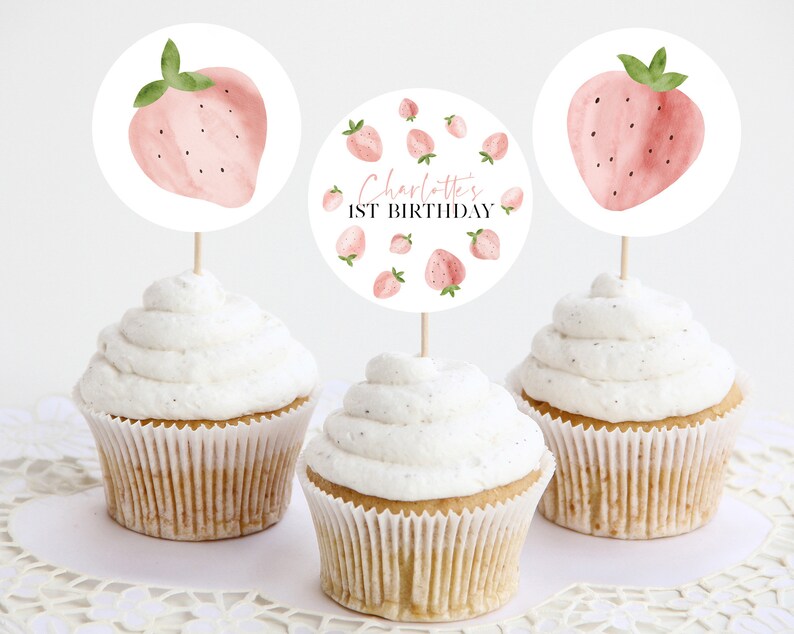 Berry Cupcake Toppers, Printable Cupcake Topper, Strawberry Cupcake Topper, 1st Birthday Editable Cupcake Toppers, Berry First Birthday Girl image 3