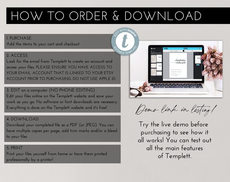 May include: An informational graphic with instructions on how to order and download a digital product. The steps include purchasing, accessing files, editing on a computer, downloading, and printing. A laptop displays a template design, and text reads "Demo link in listing!"