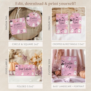 May include: Printable Halloween party decorations in pink and white with a ghost and pumpkin theme. The designs include a circle and square tag, a rectangle tag, a folded label, and a custom sign. The text on the tags reads "Charlotte's 1st Boo-Day" and "Thank You". The text on the label reads "Food Labels". The text on the sign reads "Custom Sign".