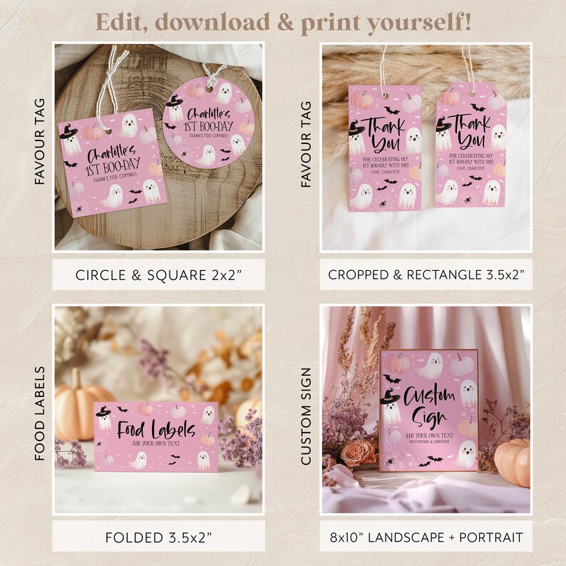 May include: Printable Halloween party decorations in pink and white with a ghost and pumpkin theme. The designs include a circle and square tag, a rectangle tag, a folded label, and a custom sign. The text on the tags reads "Charlotte's 1st Boo-Day" and "Thank You". The text on the label reads "Food Labels". The text on the sign reads "Custom Sign".