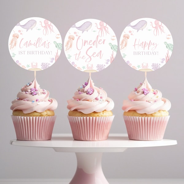 Under the Sea Cupcake Toppers, Oneder the Sea Cupcake Toppers, Printable Cupcake Toppers Editable, 1st Birthday Girl, Pink Under the Sea