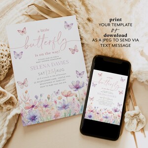 May include: A printable baby shower invitation with a watercolor design featuring butterflies and flowers. The invitation is for a baby shower honoring Selena Davies on Saturday, August 25th at 3:00 PM. The invitation includes the address and RSVP information.
