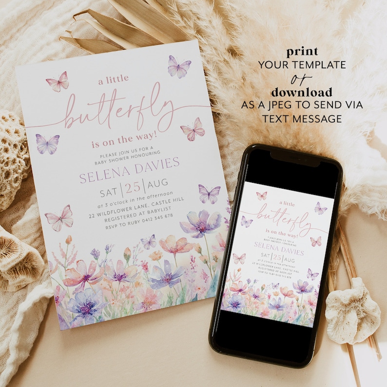 May include: A printable baby shower invitation with a watercolor design featuring butterflies and flowers. The invitation is for a baby shower honoring Selena Davies on Saturday, August 25th at 3:00 PM. The invitation includes the address and RSVP information.
