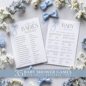 Blue Bow Baby Shower Games, Blue Bow Games Printable, Blue Bows Boy Baby Shower Games Bundle, Blue Ribbon, Minimalist Baby Party Games Pack