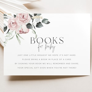 Boeken voor babykaart afdrukbaar, boekaanvraagkaart, roze bloemen baby shower boek voor baby, roze bloem uitnodiging, roze baby shower printables