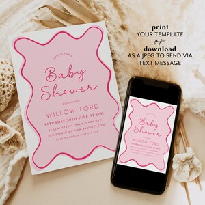 Wavy Baby Shower Invitation, Pink Wavy Invitation, Curve Invite, Wave Invitation, Modern Baby Shower, Hot Pink Baby Shower, Baby Girl Shower image 4