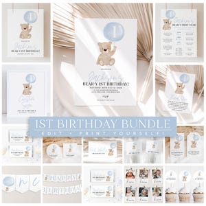 Beary First Birthday Invitation Bundle, 1st Birthday Boy, First Birthday Decorations, Bear Birthday Invitation, Teddy Bear Party Decorations