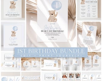 Beary First Birthday Invitation Bundle, 1st Birthday Boy, First Birthday Decorations, Bear Birthday Invitation, Teddy Bear Party Decorations