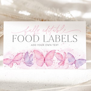 Editable Food Labels, Butterfly Food Label Card, 1st Birthday Food Tags, Folded Food Cards, Tented Food Labels, Pink Butterfly Food Cards