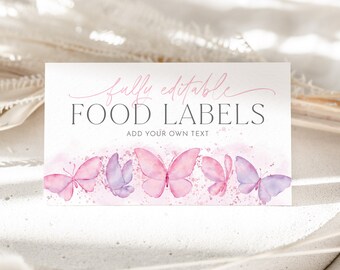 Peut inclure: Étiquettes alimentaires modifiables avec un motif de papillon aquarelle rose et violet. Le texte indique "entièrement modifiable ÉTIQUETTES ALIMENTAIRES ajouter votre propre texte".