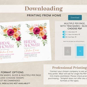 May include: A digital download for a bridal shower invitation. The invitation features a watercolor floral design with pink, orange, and red flowers. The text on the invitation reads "Bridal Shower" and "Chelsea Davis". The invitation is available in PDF, JPEG, and PNG formats.