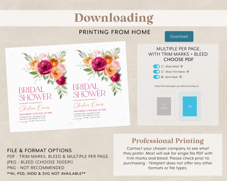 May include: A digital download for a bridal shower invitation. The invitation features a watercolor floral design with pink, orange, and red flowers. The text on the invitation reads "Bridal Shower" and "Chelsea Davis". The invitation is available in PDF, JPEG, and PNG formats.