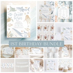 May include: A printable 1st birthday party bundle with an under the sea theme. The bundle includes invitations, food labels, thank you cards, a time capsule, a custom sign, cupcake toppers, and a banner. The design features a blue and white color scheme with illustrations of sea creatures like whales, sharks, and jellyfish.