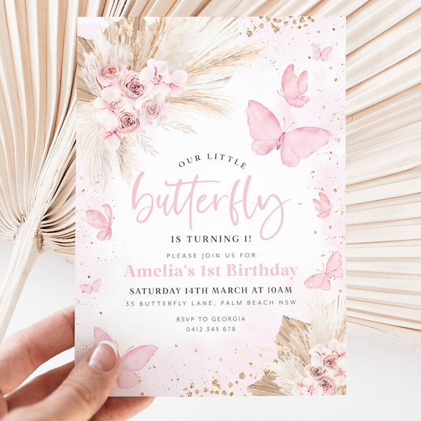Butterfly 1st Birthday Invitation, 1st Birthday Invite, First Birthday Invitation, Pink Boho Butterfly Birthday Party, 1st Birthday Girl