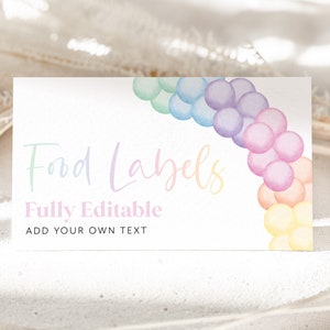 Pastel Rainbow Food Labels, 1st Birthday Food Label Card, Food Tent Card, Birthday Food Tags, Folded Food Cards, Tented Food Labels, Rainbow